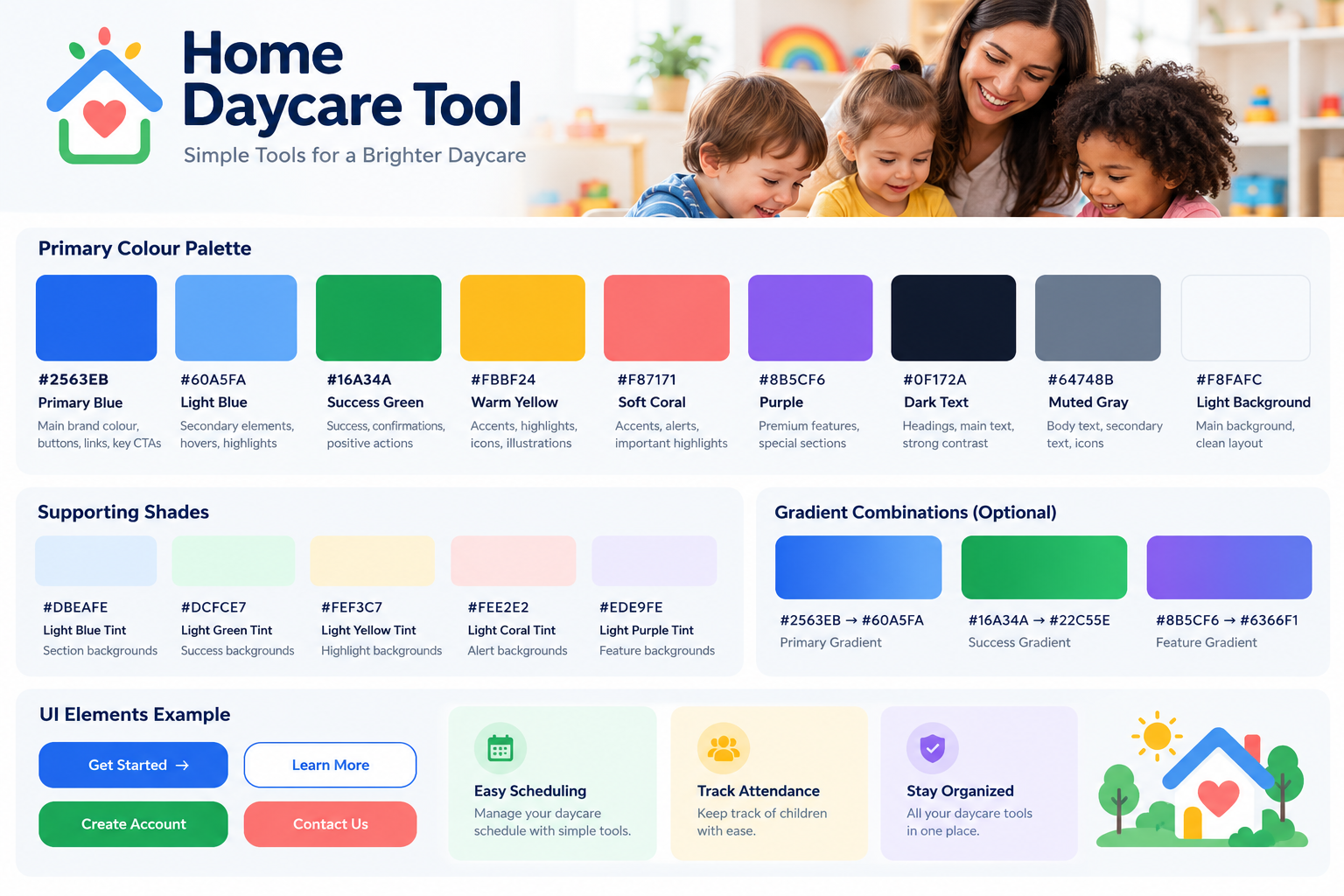 Home Daycare Tool brand board showing the primary colour palette, supporting pastel shades, gradient combinations and UI element examples